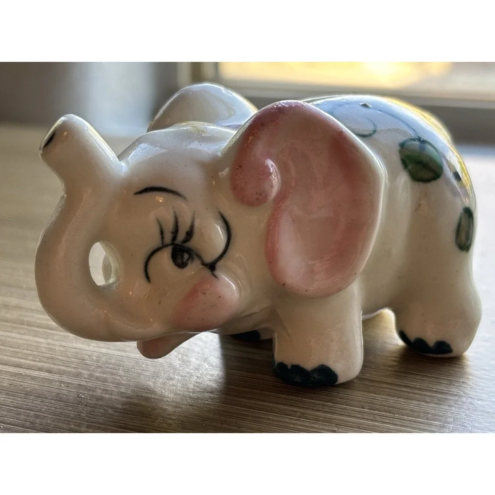 Vintage Whimsical Mini Elephant Nursery Piggy Bank Kitschy Ceramic Hand Painted